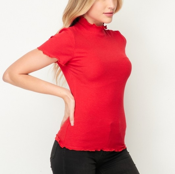 White short sleeve mock neck solid lettuce shirt - Picture 3 of 4